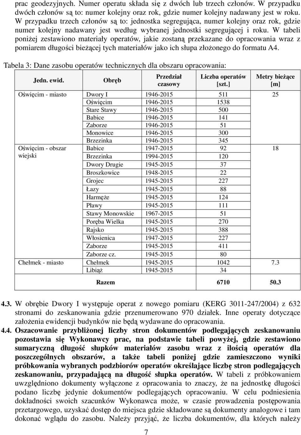 W tabeli poniżej zestawiono materiały operatów, jakie zostaną przekazane do opracowania wraz z pomiarem długości bieżącej tych materiałów jako ich słupa złożonego do formatu A4.