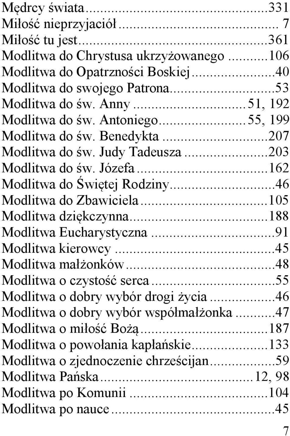 .. 105 Modlitwa dzi kczynna... 188 Modlitwa Eucharystyczna...91 Modlitwa kierowcy...45 Modlitwa ma onków...48 Modlitwa o czysto serca...55 Modlitwa o dobry wybór drogi ycia.