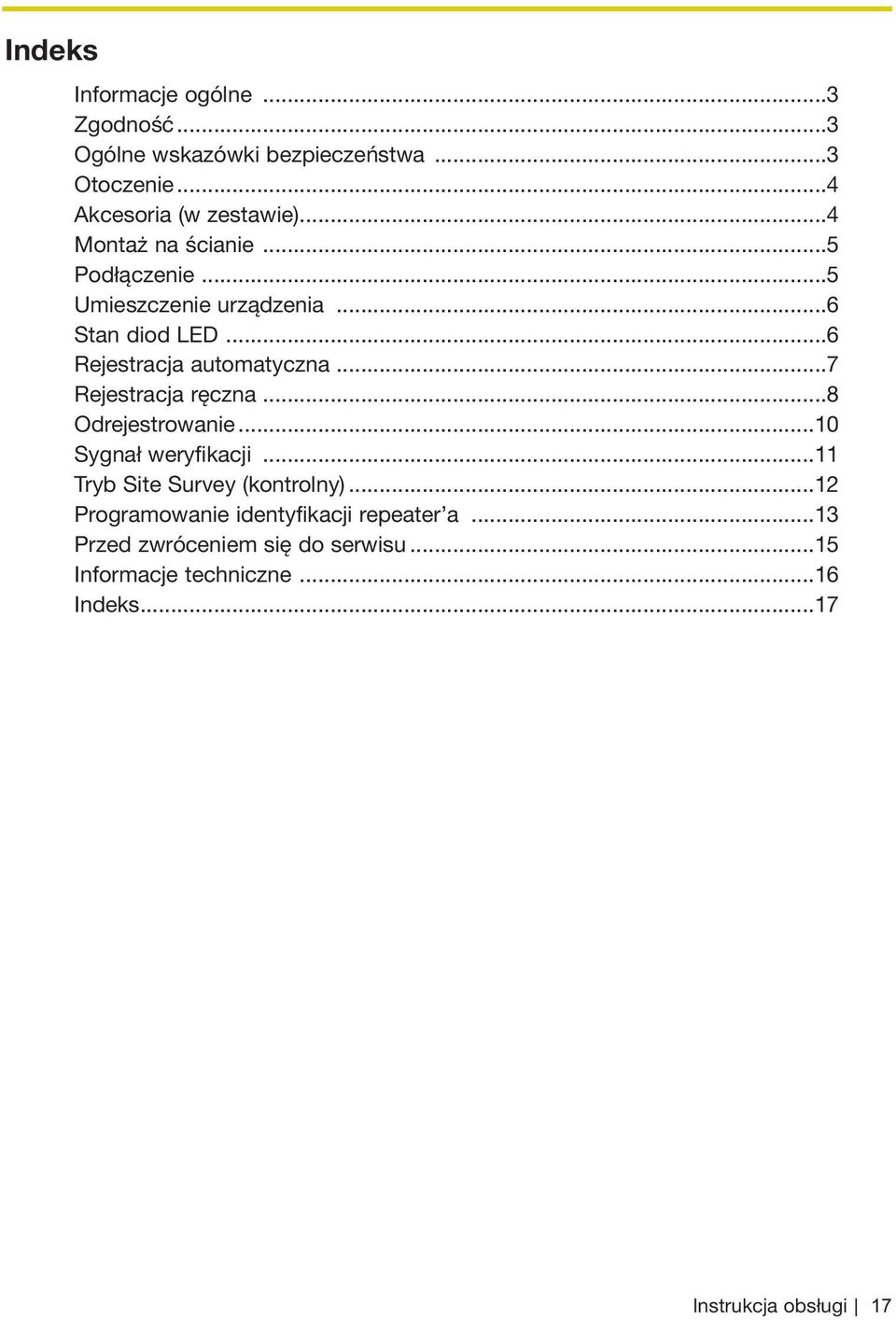 ..7 Rejestracja ręczna...8 Odrejestrowanie...10 Sygnał weryfikacji...11 Tryb Site Survey (kontrolny).