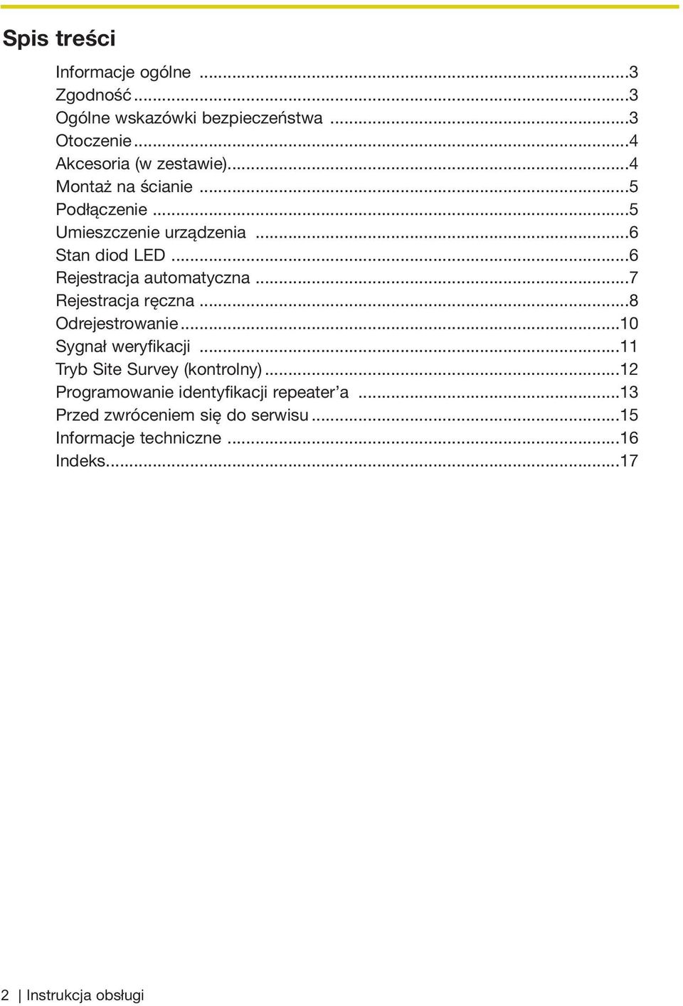 ..7 Rejestracja ręczna...8 Odrejestrowanie...10 Sygnał weryfikacji...11 Tryb Site Survey (kontrolny).