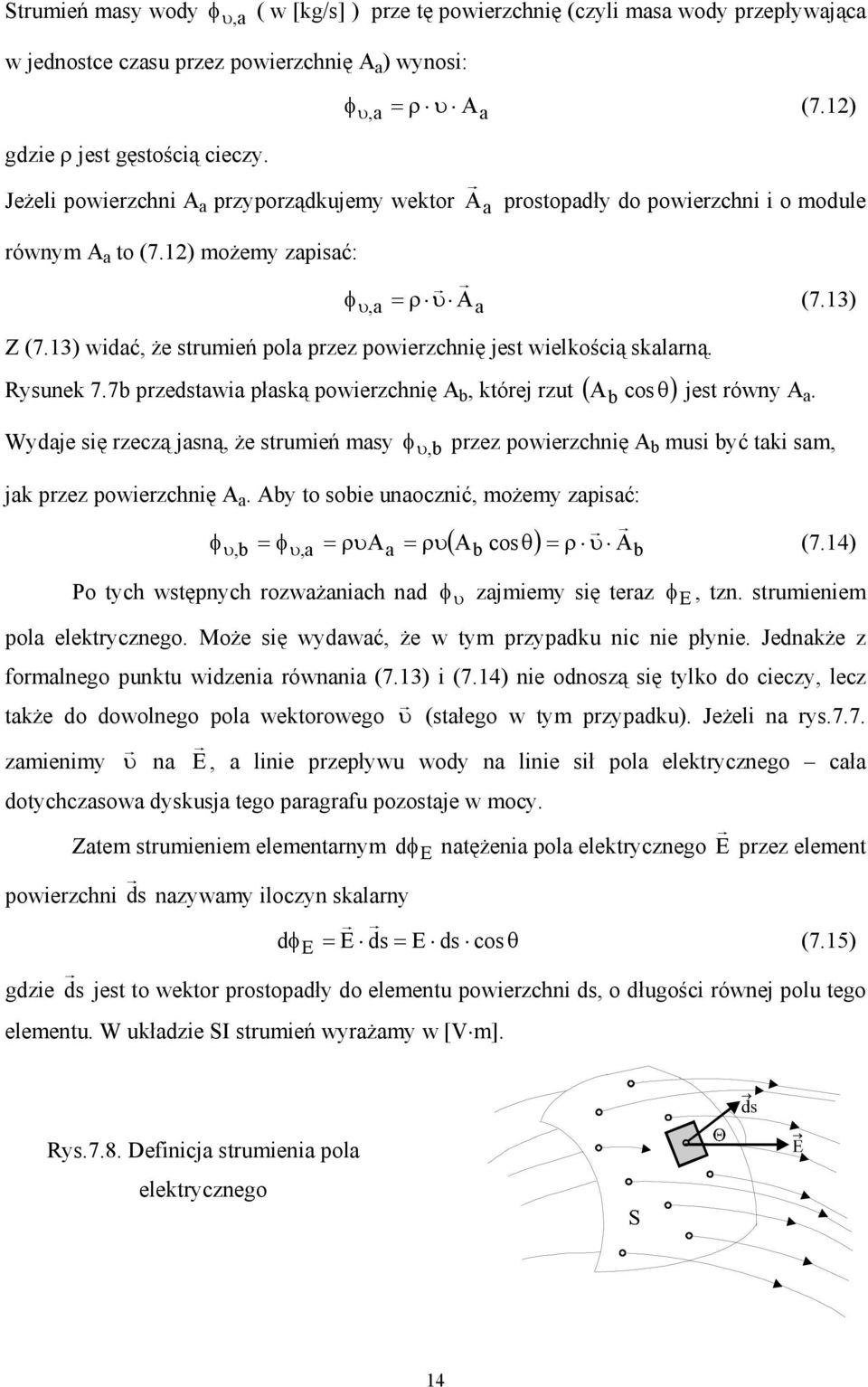 13) widać, że strumień pola przez powierzchnię jest wielkością skalarną. Rysunek 7.7b przedstawia płaską powierzchnię A b, której rzut ( A b cos θ) jest równy A a.
