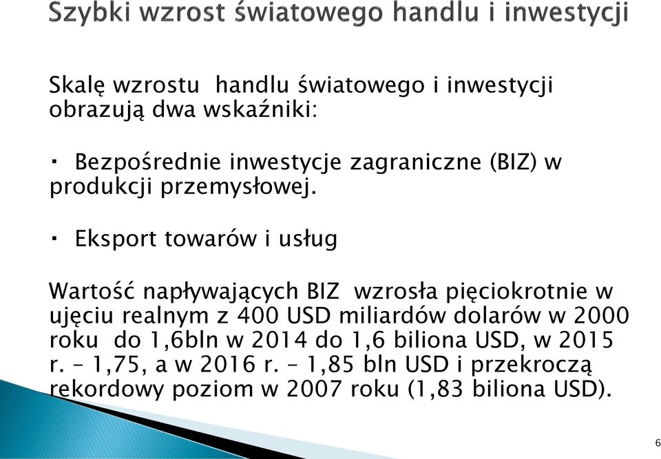 Eksport towarów i usług Wartość napływających BIZ wzrosła pięciokrotnie w ujęciu realnym z 400 USD