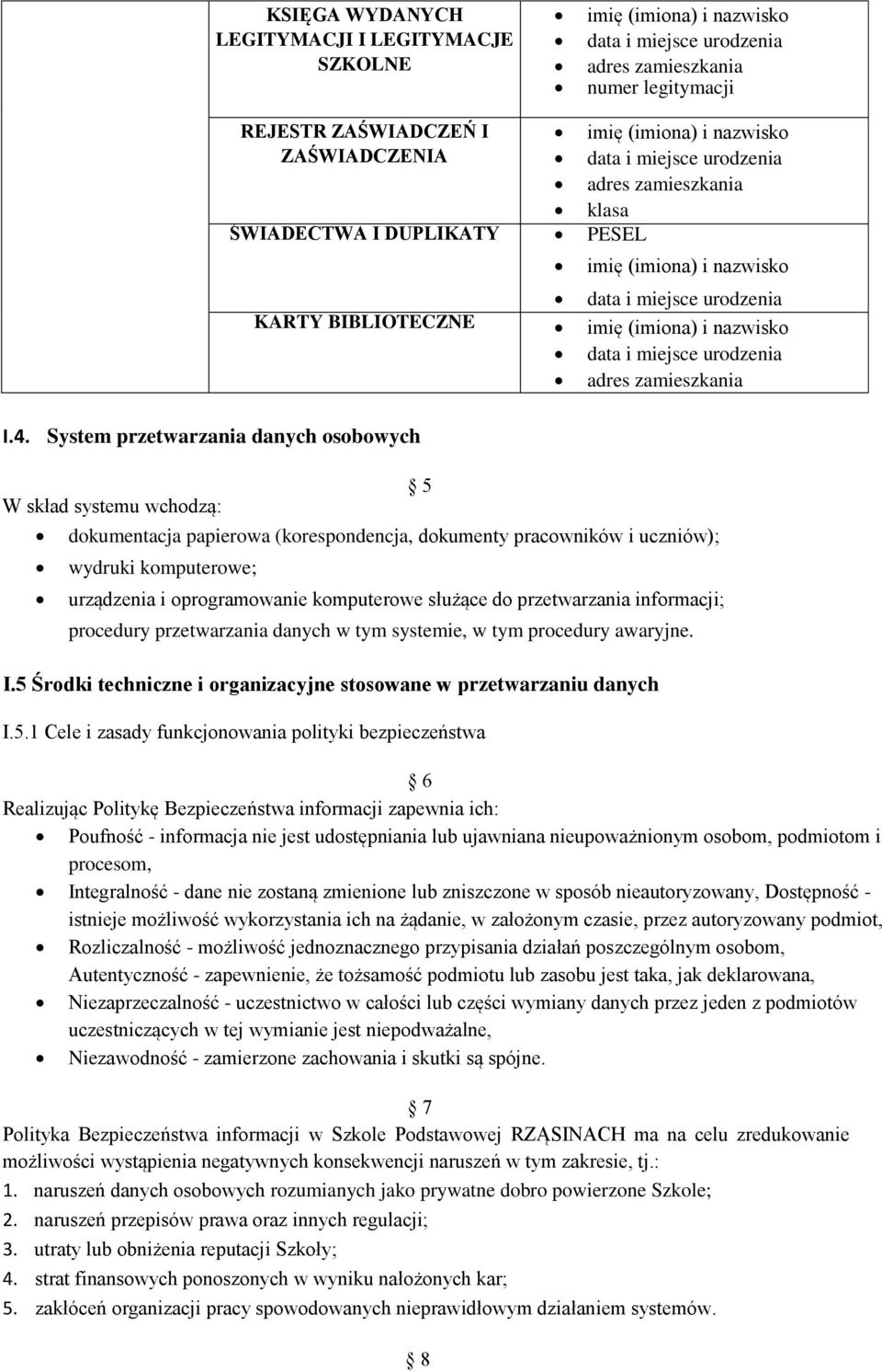 PESEL imię (imiona) i nazwisko data i miejsce urodzenia KARTY BIBLIOTECZNE imię (imiona) i nazwisko data i miejsce urodzenia adres zamieszkania dokumentacja papierowa (korespondencja, dokumenty