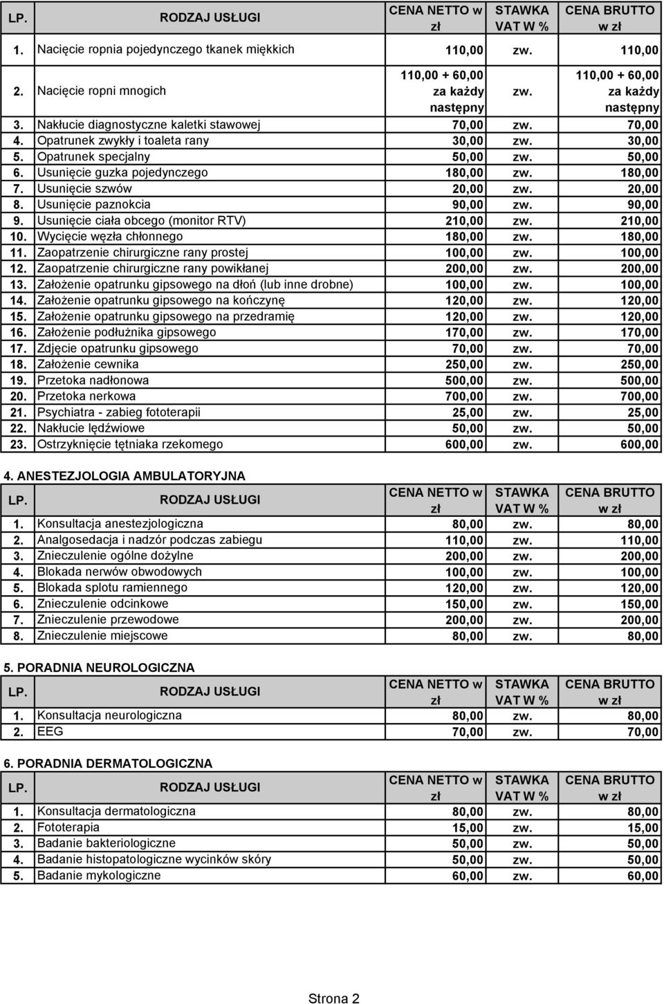 Opatrunek specjalny 6. Usunięcie guzka pojedynczego 180,00 180,00 7. Usunięcie szwów 20,00 20,00 8. Usunięcie paznokcia 90,00 90,00 9. Usunięcie ciała obcego (monitor RTV) 210,00 210,00 10.