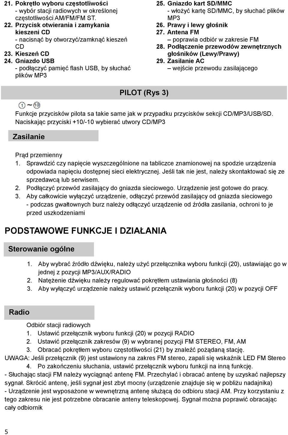 Antena FM poprawia odbiór w zakresie FM 28. Podłączenie przewodów zewnętrznych głośników (Lewy/Prawy) 29.