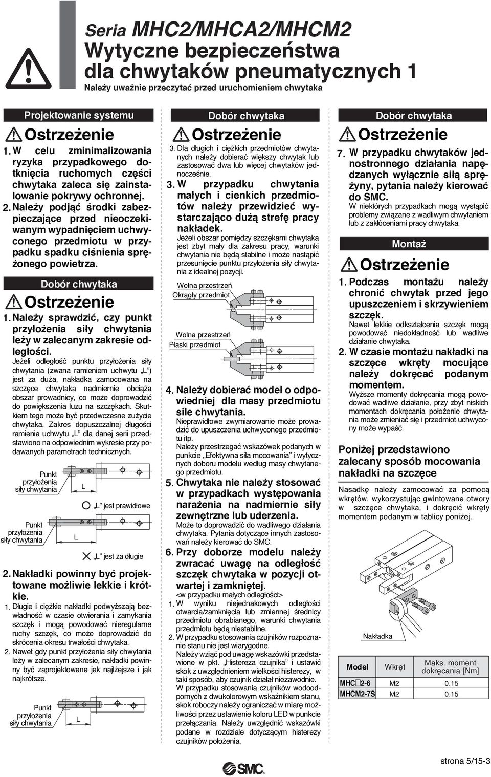 . Należy podjąć środki zabezpieczające przed nieoczekiwanym wypadnięciem uchwyconego przedmiotu w przypadku spadku ciśnienia sprężonego powietrza.