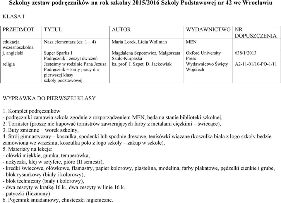 pierwszej klasy szkoły ks. prof. J. Szpet, D. Jackowiak Wydawnictwo Święty A2-11-01/10-PO-1/11 WYPRAWKA DO PIERWSZEJ KLASY 1.