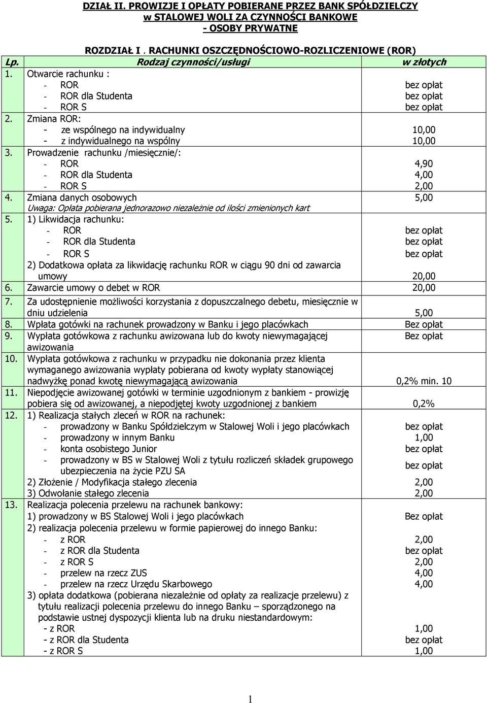 Prowadzenie rachunku /miesięcznie/: - ROR 4,90 - ROR dla Studenta 4,00 - ROR S 2,00 4. Zmiana danych osobowych 5,00 Uwaga: Opłata pobierana jednorazowo niezaleŝnie od ilości zmienionych kart 5.