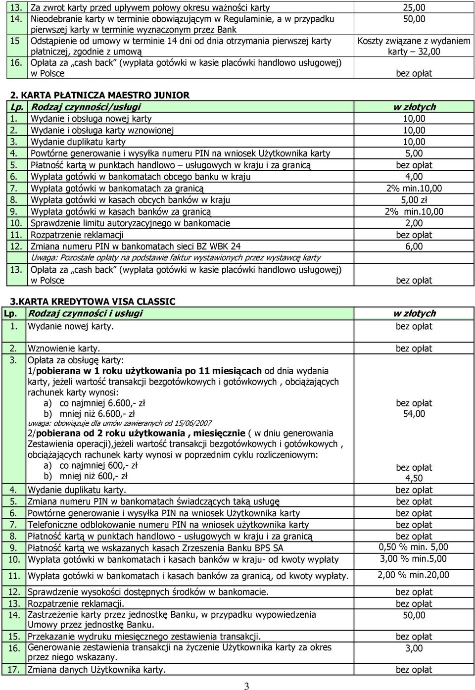 płatniczej, zgodnie z umową Koszty związane z wydaniem karty 32,00 16. Opłata za cash back (wypłata gotówki w kasie placówki handlowo usługowej) w Polsce 2. KARTA PŁATNICZA MAESTRO JUNIOR Lp.