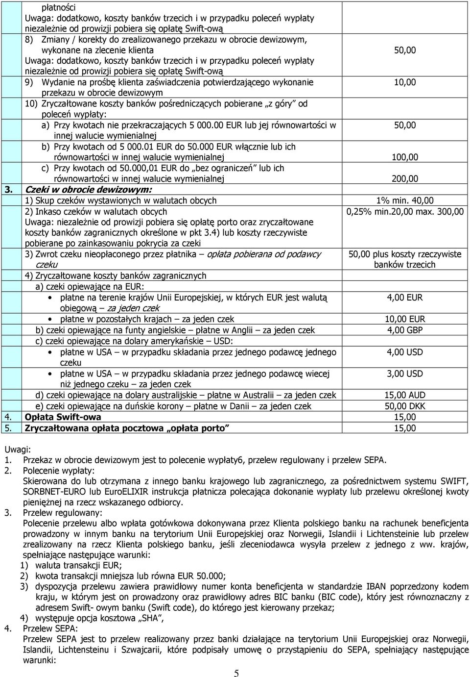 zaświadczenia potwierdzającego wykonanie 10,00 przekazu w obrocie dewizowym 10) Zryczałtowane koszty banków pośredniczących pobierane z góry od poleceń wypłaty: a) Przy kwotach nie przekraczających 5