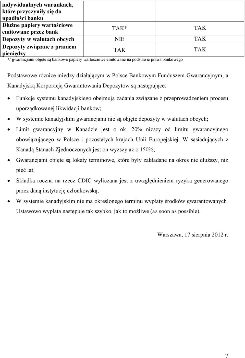 Depozytów są następujące: Funkcje systemu kanadyjskiego obejmują zadania związane z przeprowadzeniem procesu uporządkowanej likwidacji banków; W systemie kanadyjskim gwarancjami nie są objęte