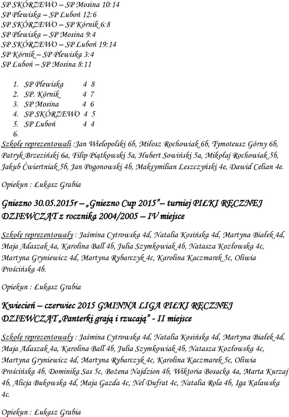 Szkołę reprezentowali :Jan Wielopolski 6b, Miłosz Rochowiak 6b, Tymoteusz Górny 6b, Patryk Brzeziński 6a, Filip Piątkowski 5a, Hubert Sowiński 5a, Mikołaj Rochowiak 5b, Jakub Ćwiertniak 5b, Jan