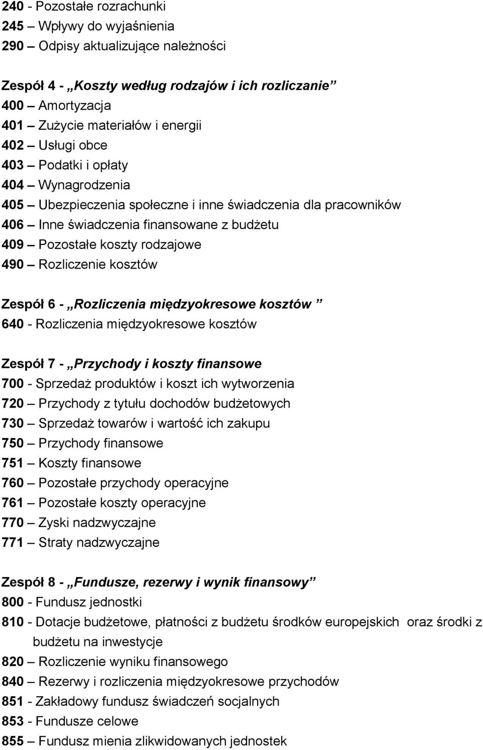 Rozliczenie kosztów Zespół 6 - Rozliczenia międzyokresowe kosztów 640 - Rozliczenia międzyokresowe kosztów Zespół 7 - Przychody i koszty finansowe 700 - Sprzedaż produktów i koszt ich wytworzenia 720