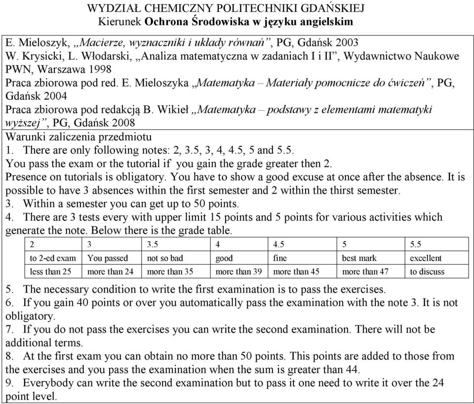 Wikieł Matematyka podstawy z elementami matematyki wyższej, PG, Gdańsk 2008 Warunki zaliczenia przedmiotu 1. There are only following notes: 2, 3.5,