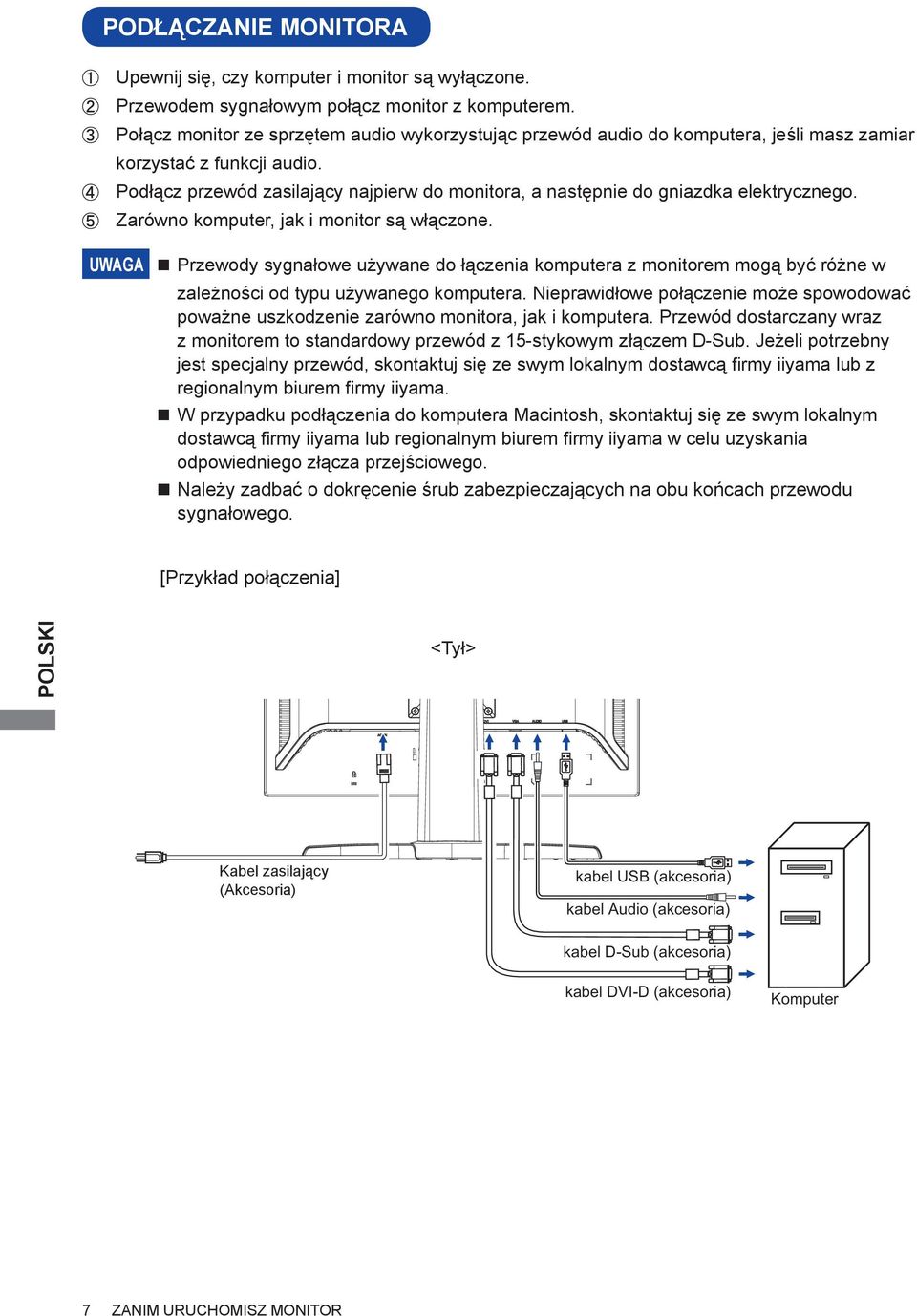 Podłącz przewód zasilający najpierw do monitora, a następnie do gniazdka elektrycznego. Zarówno komputer, jak i monitor są włączone.