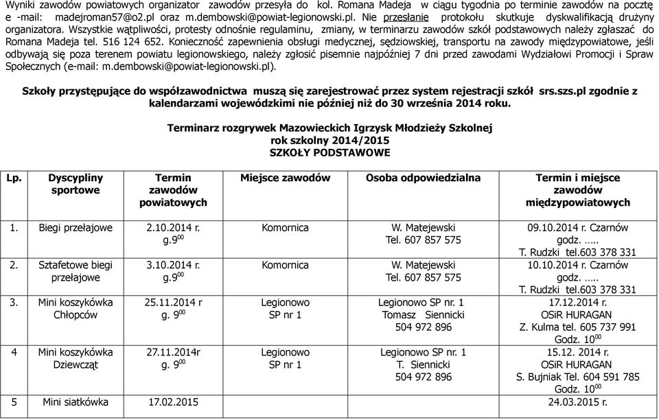 Konieczność zapewnienia obsługi medycznej, sędziowskiej, transportu na zawody międzypowiatowe, jeśli odbywają się poza terenem powiatu legionowskiego, należy zgłosić pisemnie najpóźniej 7 dni przed