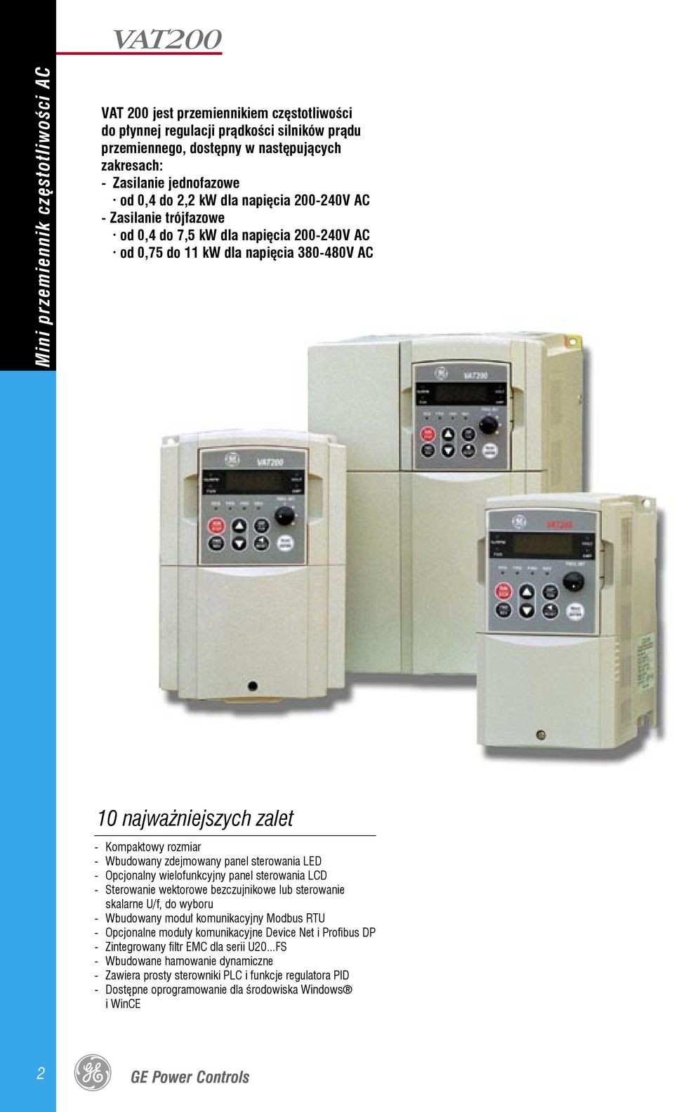 wielofunkcyjny panel sterowania LCD Sterowanie wektorowe bezczujnikowe lub sterowanie skalarne U/f, do wyboru Wbudowany moduł komunikacyjny Modbus RTU Opcjonalne moduły komunikacyjne Device