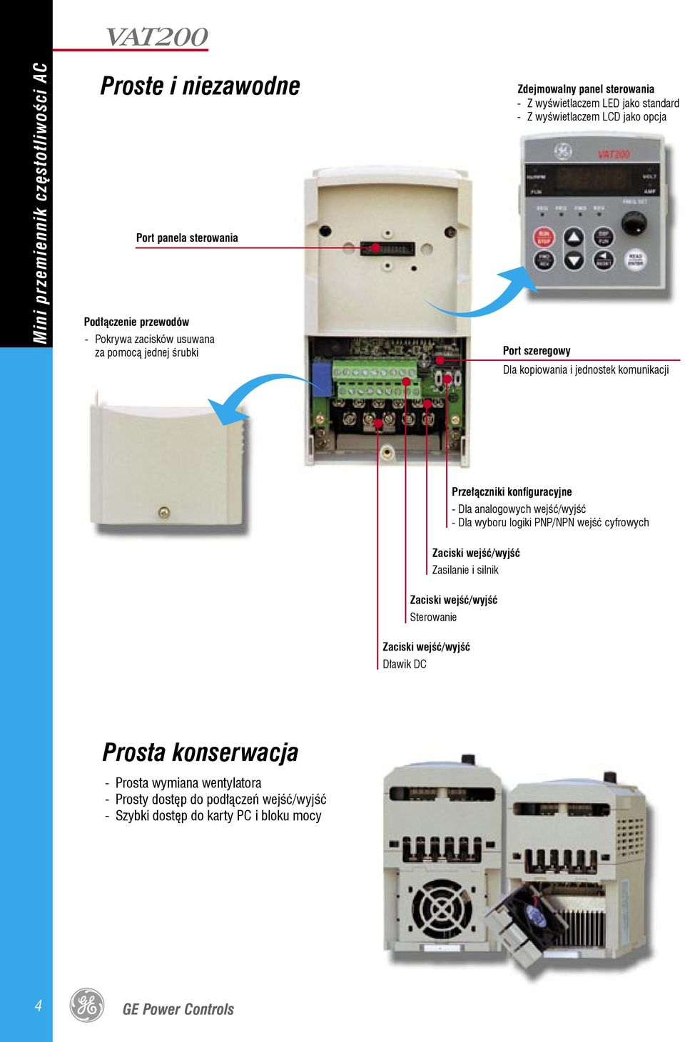 konfiguracyjne Dla analogowych wejść/wyjść Dla wyboru logiki PNP/NPN wejść cyfrowych Zaciski wejść/wyjść Zasilanie i silnik Zaciski wejść/wyjść