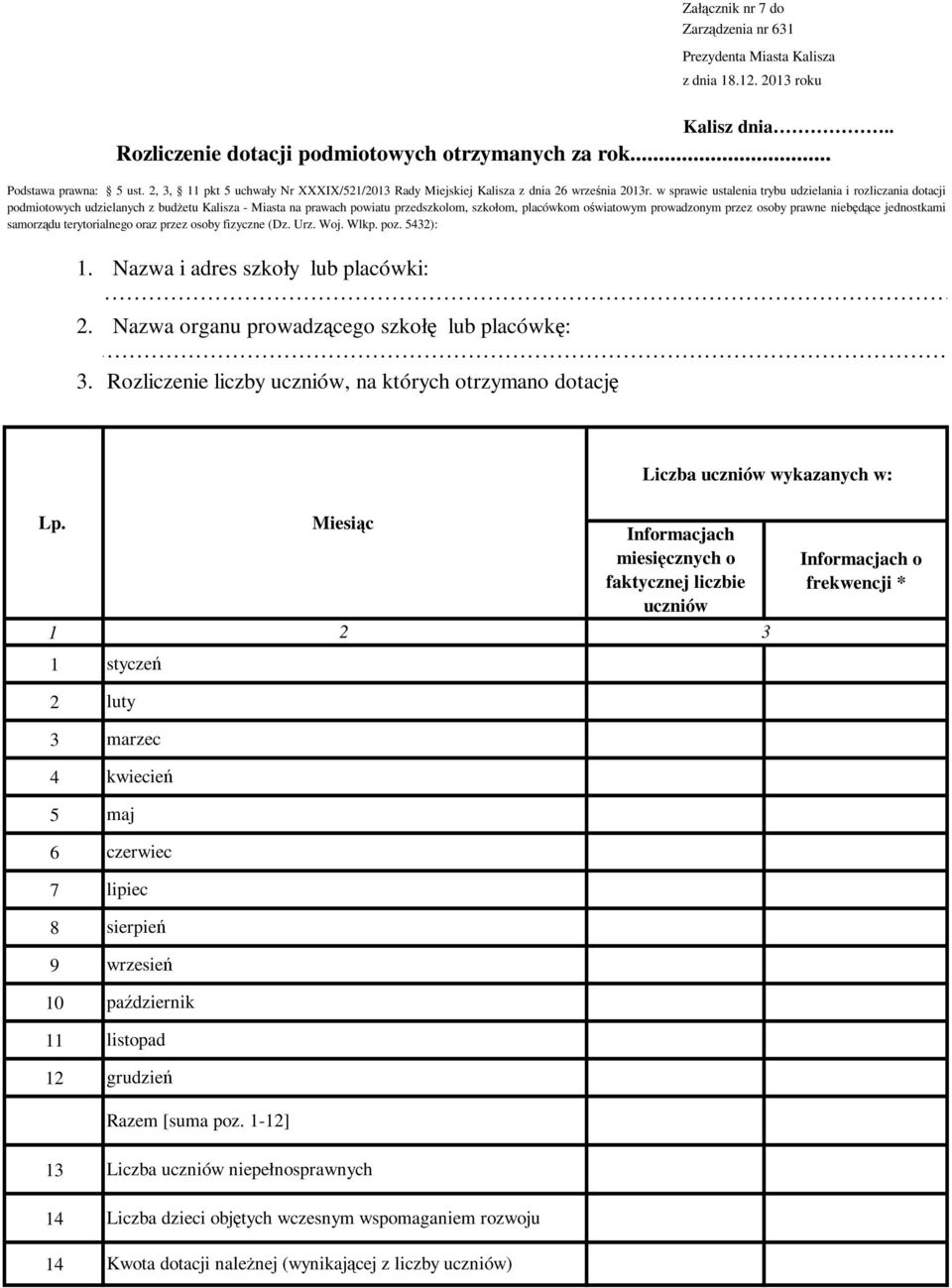 w sprawie ustalenia trybu udzielania i rozliczania dotacji podmiotowych udzielanych z budżetu Kalisza - Miasta na prawach powiatu przedszkolom, szkołom, placówkom oświatowym prowadzonym przez osoby