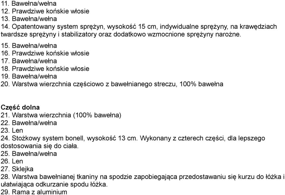 Prawdziwe końskie włosie 17. Bawełna/wełna 18. Prawdziwe końskie włosie 19. Bawełna/wełna 20. Warstwa wierzchnia częściowo z bawełnianego streczu, 100% bawełna Część dolna 21.