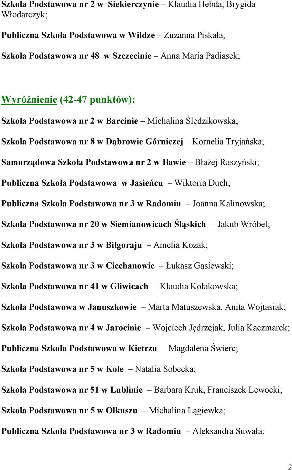 Raszyński; Publiczna Szkoła Podstawowa w Jasieńcu Wiktoria Duch; Publiczna Szkoła Podstawowa nr 3 w Radomiu Joanna Kalinowska; Szkoła Podstawowa nr 20 w Siemianowicach Śląskich Jakub Wróbel; Szkoła