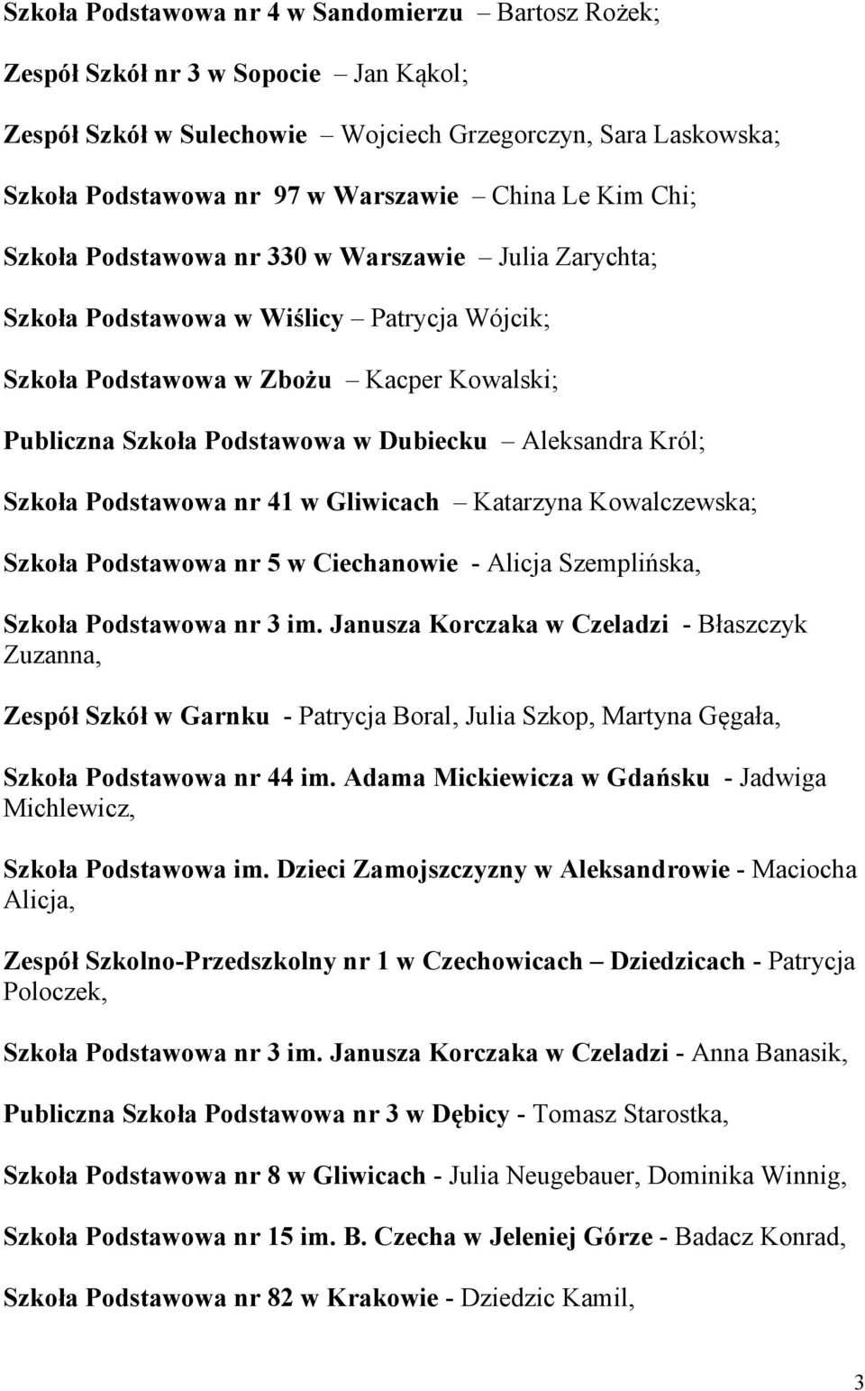 Król; Szkoła Podstawowa nr 41 w Gliwicach Katarzyna Kowalczewska; Szkoła Podstawowa nr 5 w Ciechanowie - Alicja Szemplińska, Szkoła Podstawowa nr 3 im.