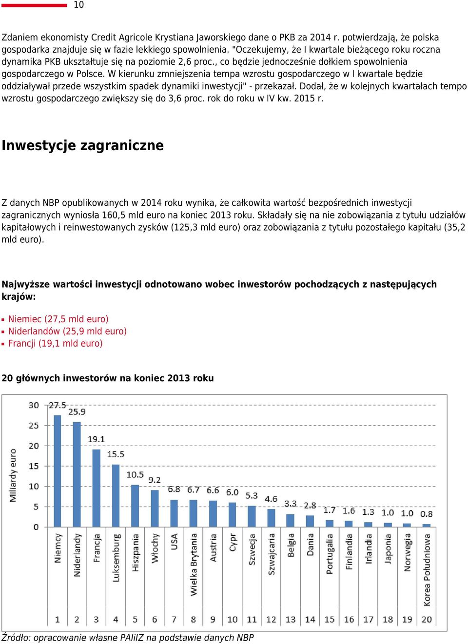 W kierunku zmniejszenia tempa wzrostu gospodarczego w I kwartale będzie oddziaływał przede wszystkim spadek dynamiki inwestycji" - przekazał.