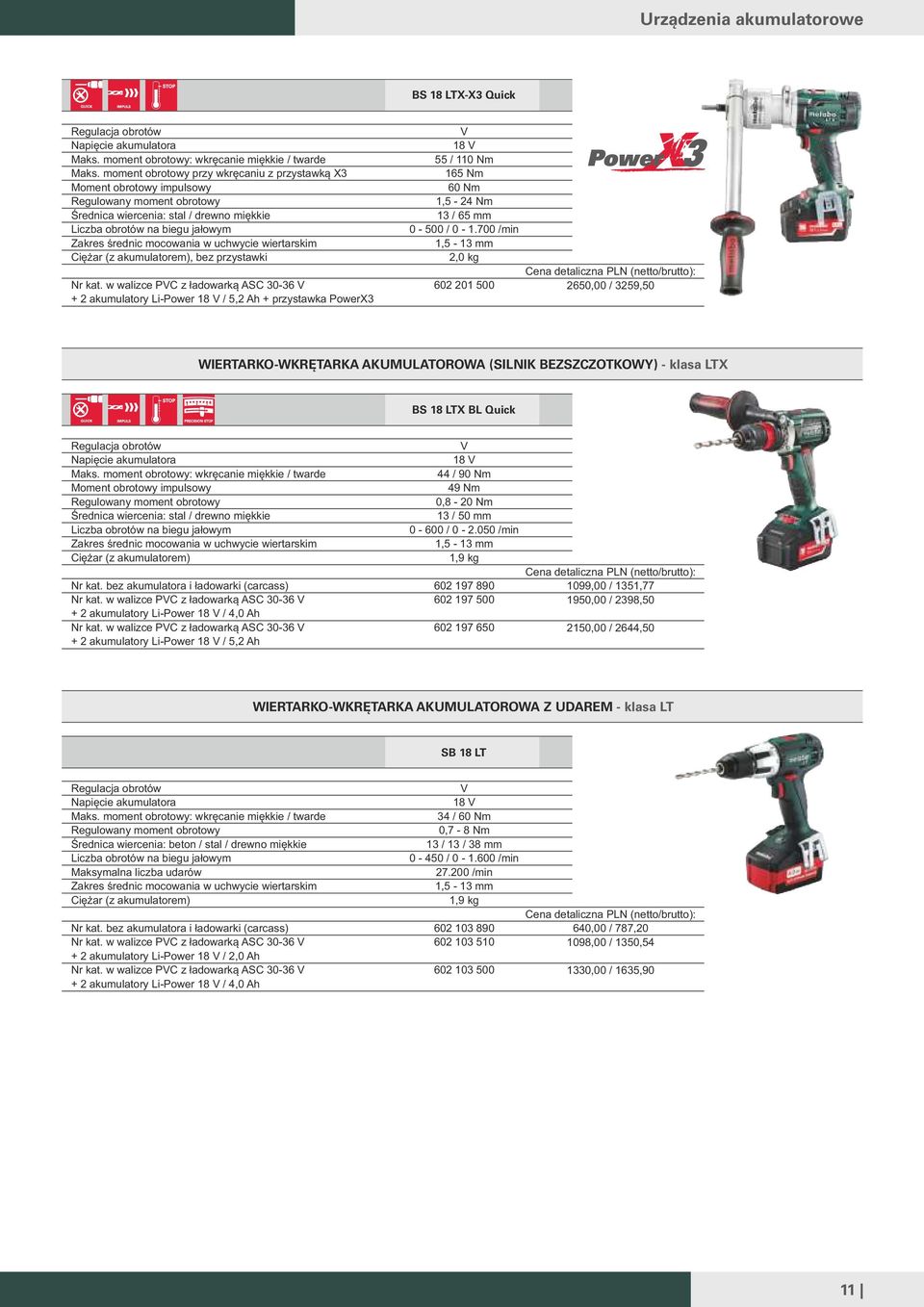 bez przystawki w walizce PC z ładowarką ASC 30-36 + 2 akumulatory Li-Power 18 / 5,2 Ah + przystawka PowerX3 18 55 / 110 Nm 165 Nm 60 Nm 1,5-24 Nm 13 / 65 mm 0-500 / 0-1.