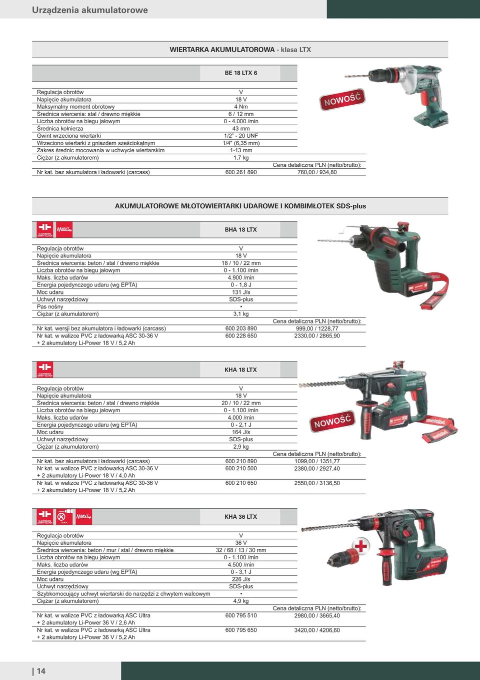 000 /min 43 mm 1/2-20 UNF 1/4" (6,35 mm) 1-13 mm 1,7 kg 600 261 890 NOWOŚĆ 760,00 / 934,80 AKUMULATOROWE MŁOTOWIERTARKI UDAROWE I KOMBIMŁOTEK SDS-plus BHA 18 LTX Napięcie akumulatora Średnica