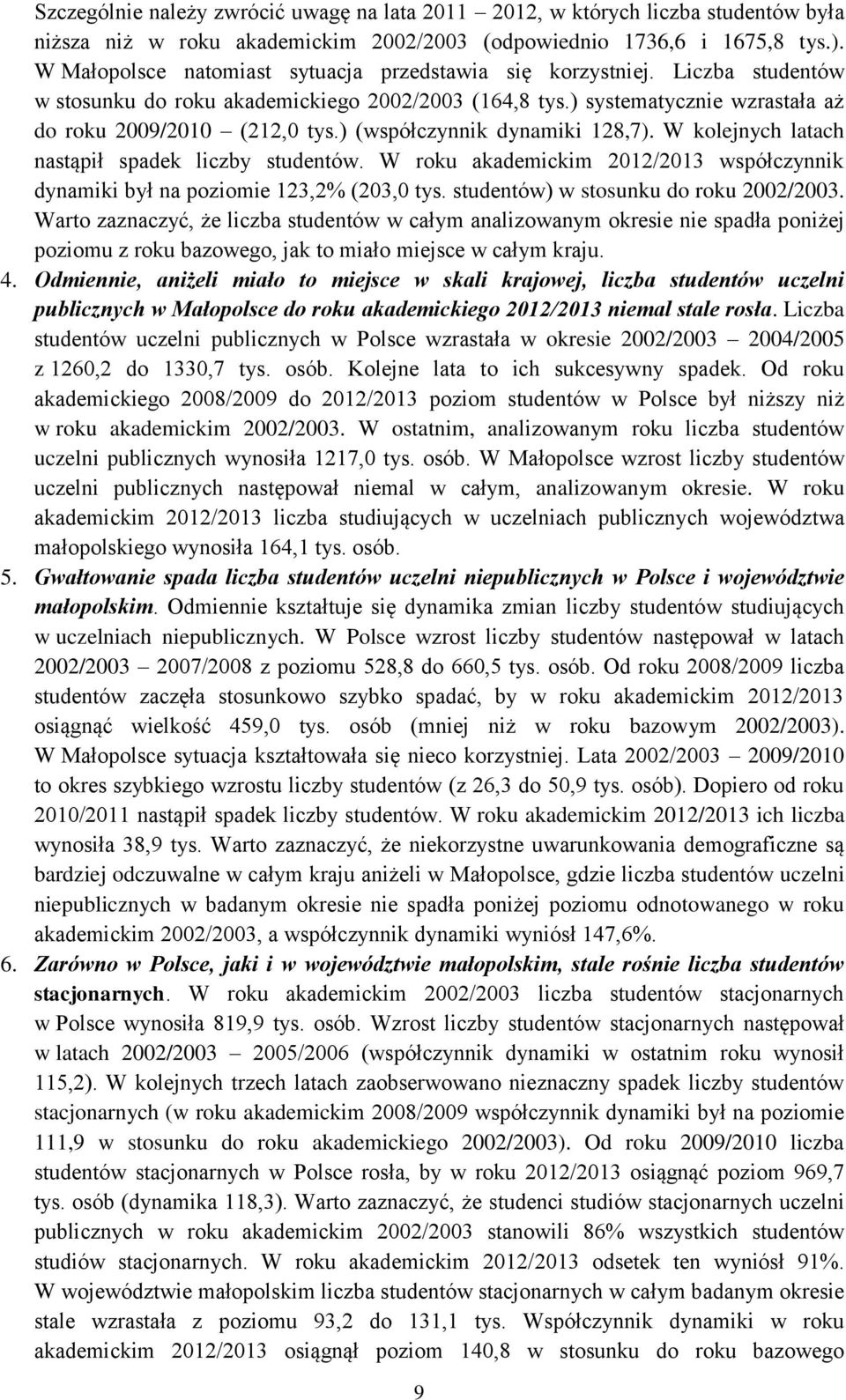 ) (współczynnik dynamiki 128,7). W kolejnych latach nastąpił spadek liczby studentów. W roku akademickim 2012/2013 współczynnik dynamiki był na poziomie 123,2% (203,0 tys.