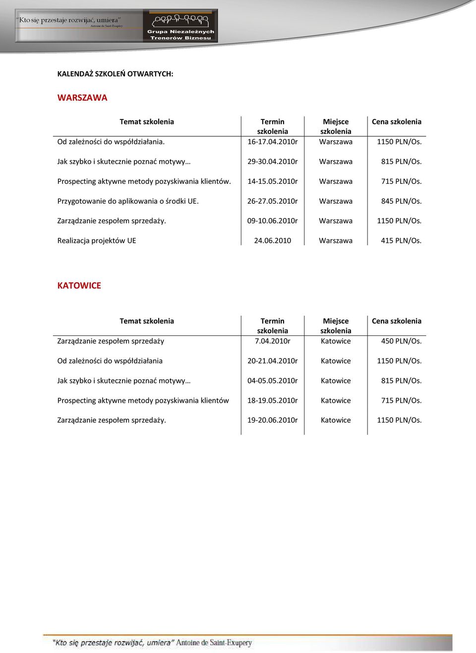 Przygotowanie do aplikowania o środki UE. 26-27.05.2010r Warszawa 845 PLN/Os. Zarządzanie zespołem sprzedaży. 09-10.06.2010r Warszawa 1150 PLN/Os. Realizacja projektów UE 24.06.2010 Warszawa 415 PLN/Os.