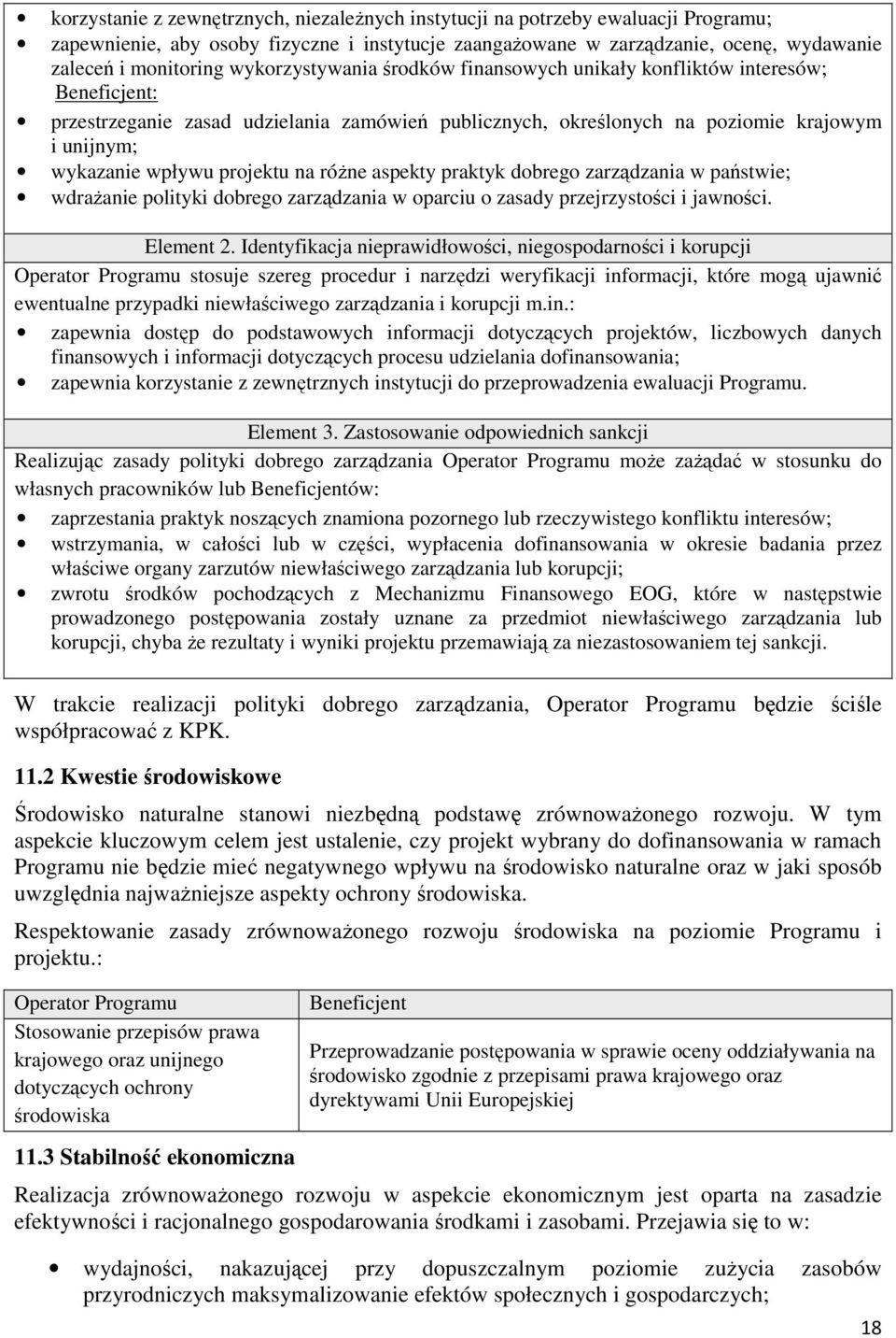 projektu na róŝne aspekty praktyk dobrego zarządzania w państwie; wdraŝanie polityki dobrego zarządzania w oparciu o zasady przejrzystości i jawności. Element 2.