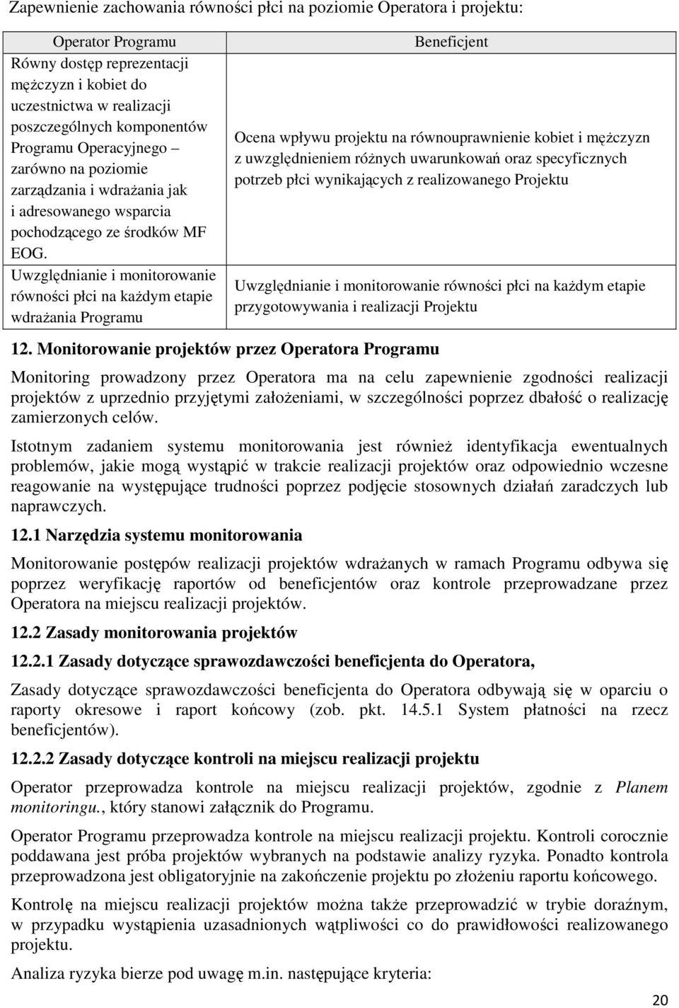 Uwzględnianie i monitorowanie równości płci na kaŝdym etapie wdraŝania Programu Beneficjent Ocena wpływu projektu na równouprawnienie kobiet i męŝczyzn z uwzględnieniem róŝnych uwarunkowań oraz