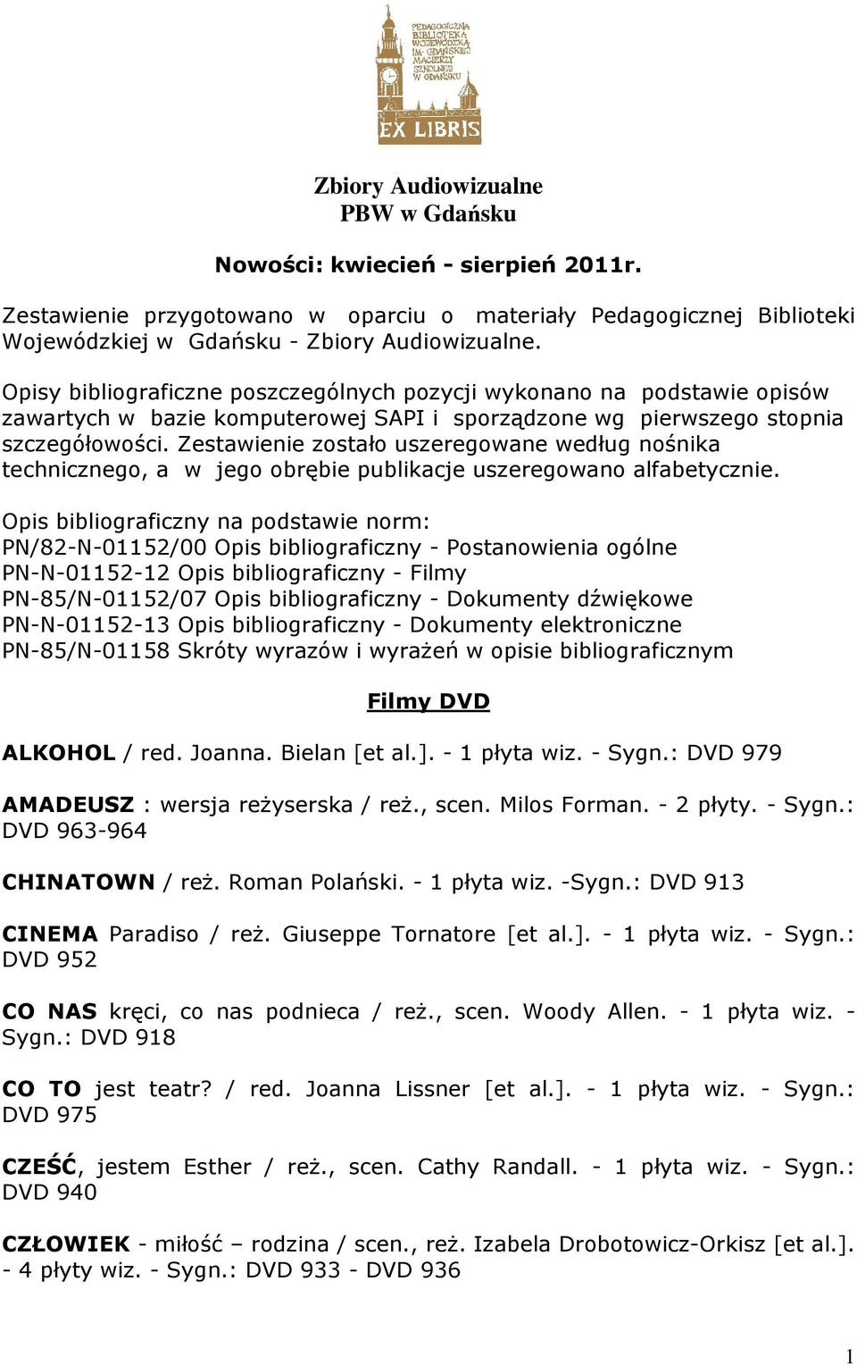 Zestawienie zostało uszeregowane według nośnika technicznego, a w jego obrębie publikacje uszeregowano alfabetycznie.