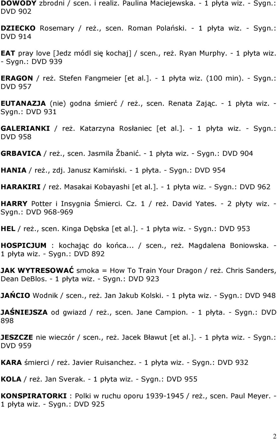 - 1 płyta wiz. - Sygn.: DVD 931 GALERIANKI / reż. Katarzyna Rosłaniec [et al.]. - 1 płyta wiz. - Sygn.: DVD 958 GRBAVICA / reż., scen. Jasmila Žbanić. - 1 płyta wiz. - Sygn.: DVD 904 HANIA / reż.