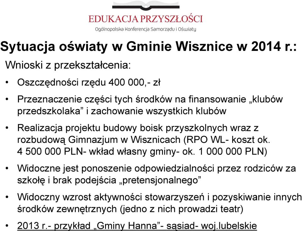 klubów Realizacja projektu budowy boisk przyszkolnych wraz z rozbudową Gimnazjum w Wisznicach (RPO WL- koszt ok. 4 500 000 PLN- wkład własny gminy- ok.