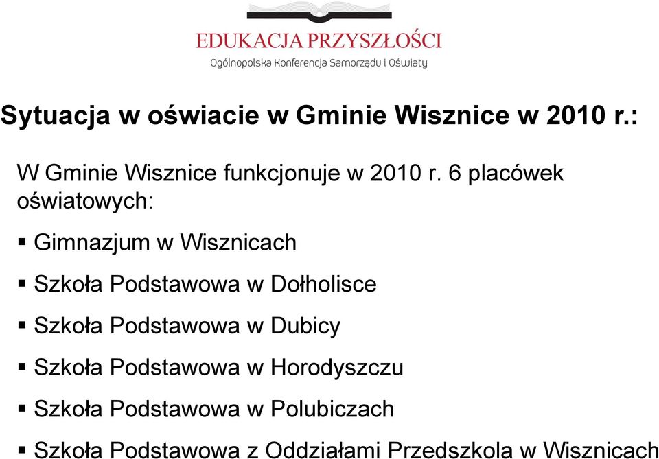 6 placówek oświatowych: Gimnazjum w Wisznicach Szkoła Podstawowa w Dołholisce
