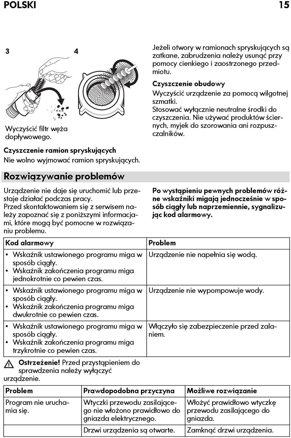 Przed skontaktowaniem się z serwisem należy zapoznać się z poniższymi informacjami, które mogą być pomocne w rozwiązaniu problemu. Kod alarmowy Wskaźnik ustawionego programu miga w sposób ciągły.