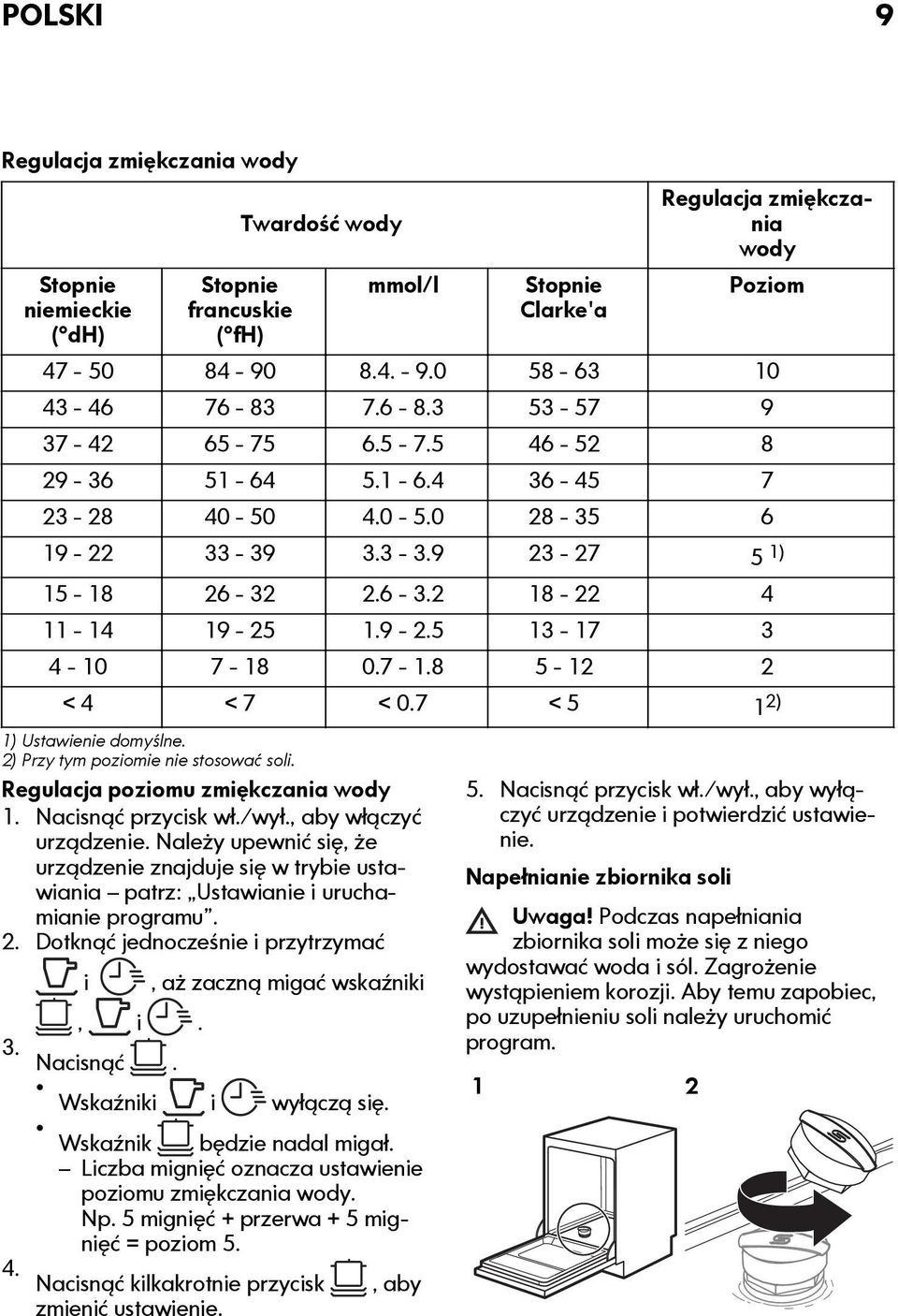 7-1.8 5-12 2 < 4 < 7 < 0.7 < 5 1 2) 1) Ustawienie domyślne. 2) Przy tym poziomie nie stosować soli. Regulacja poziomu zmiękczania wody 1. Nacisnąć przycisk wł./wył., aby włączyć urządzenie.