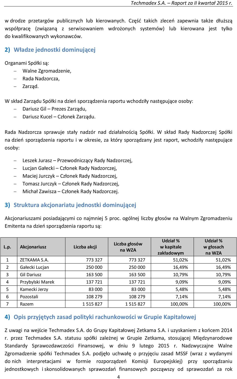 2) Władze jednostki dominującej Organami Spółki są: Walne Zgromadzenie, Rada Nadzorcza, Zarząd.