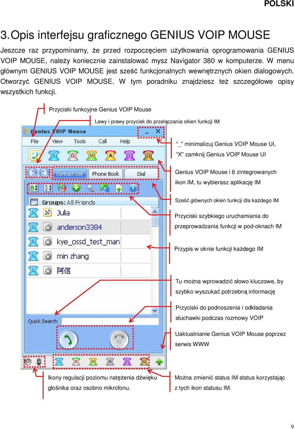 Przyciski funkcyjne Genius VOIP Mouse Lewy i prawy przycisk do przełączania okien funkcji IM _ minimalizuj Genius VOIP Mouse UI, X zamknij Genius VOIP Mouse UI Genius VOIP Mouse i 6 zintegrowanych