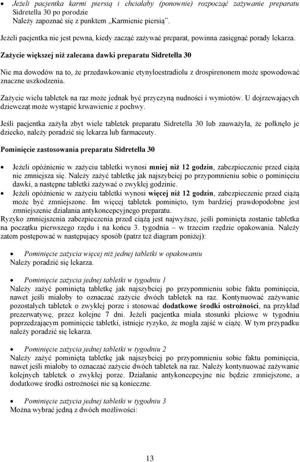 Zażycie większej niż zalecana dawki preparatu Sidretella 30 Nie ma dowodów na to, że przedawkowanie etynyloestradiolu z drospirenonem może spowodować znaczne uszkodzenia.