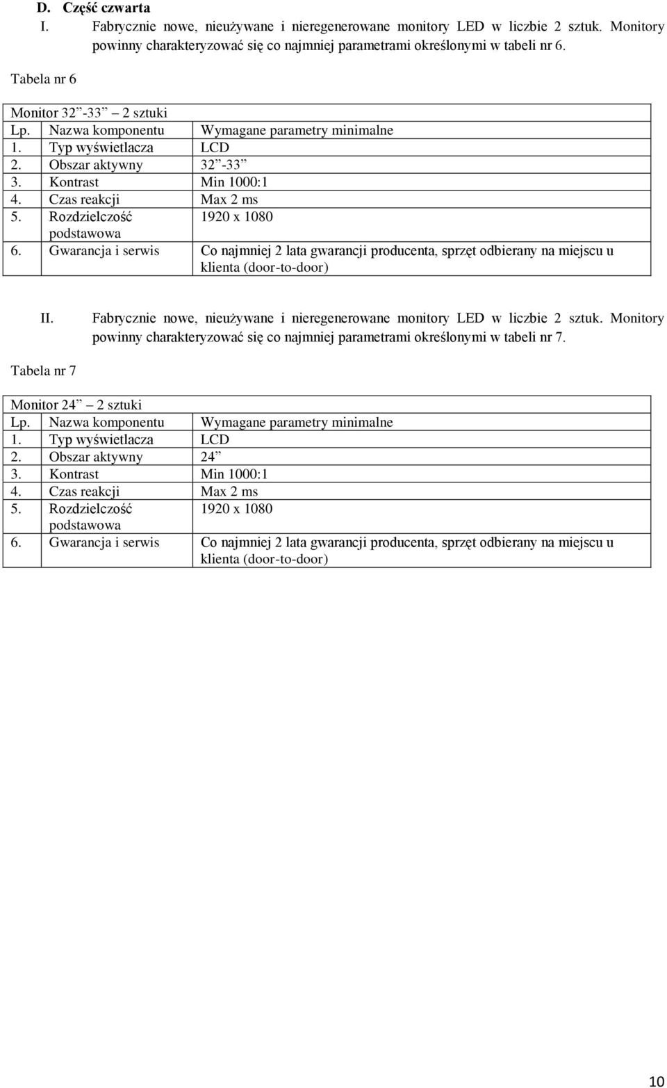 Gwarancja i serwis Co najmniej 2 lata gwarancji producenta, sprzęt odbierany na miejscu u klienta (door-to-door) II. Fabrycznie nowe, nieużywane i nieregenerowane monitory LED w liczbie 2 sztuk.