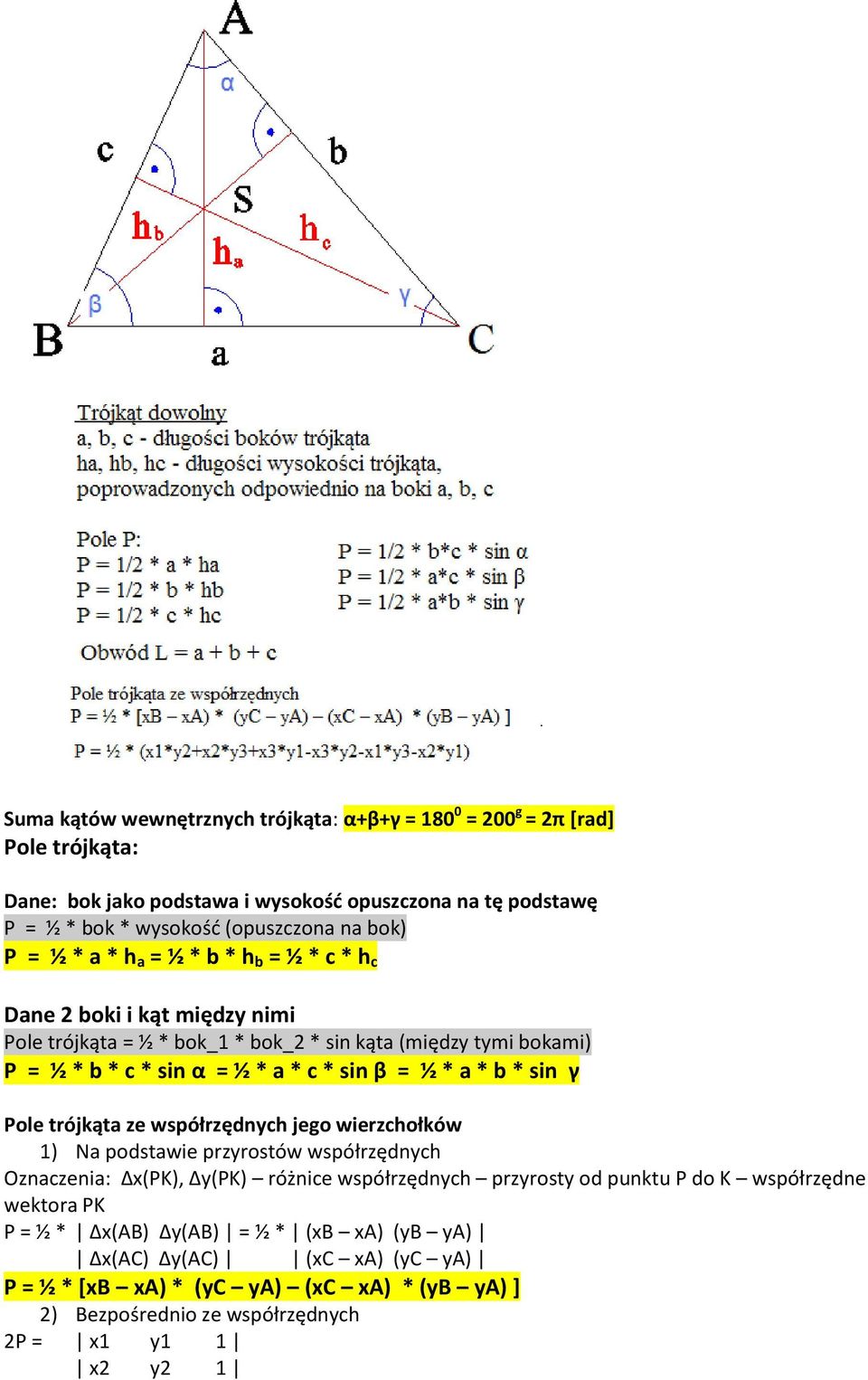 * b * sin γ Pole trójkąta ze współrzędnych jego wierzchołków 1) Na podstawie przyrostów współrzędnych Oznaczenia: Δx(PK), Δy(PK) różnice współrzędnych przyrosty od punktu P do K