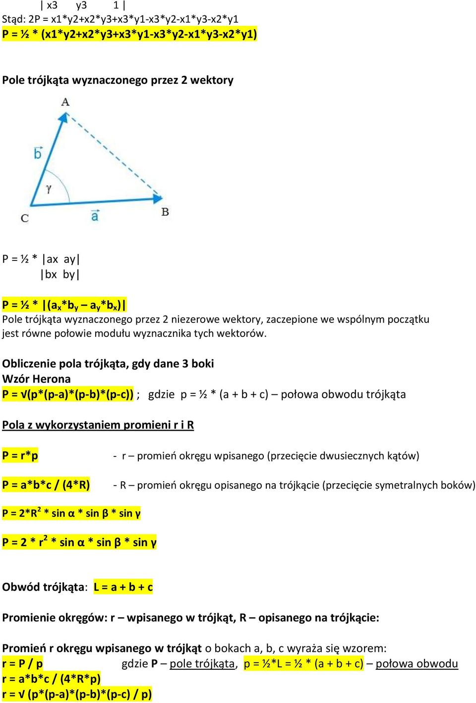 Obliczenie pola trójkąta, gdy dane 3 boki Wzór Herona P = (p*(p-a)*(p-b)*(p-c)) ; gdzie p = ½ * (a + b + c) połowa obwodu trójkąta Pola z wykorzystaniem promieni r i R P = r*p P = a*b*c / (4*R) - r