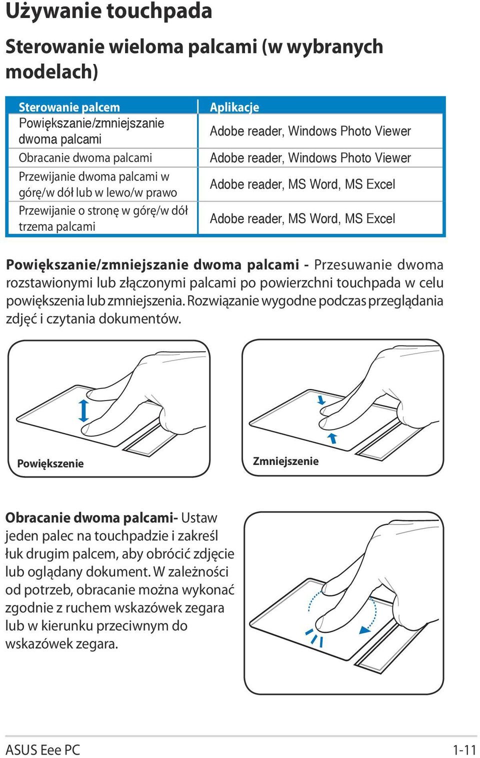 Excel Powiększanie/zmniejszanie dwoma palcami - Przesuwanie dwoma rozstawionymi lub złączonymi palcami po powierzchni touchpada w celu powiększenia lub zmniejszenia.