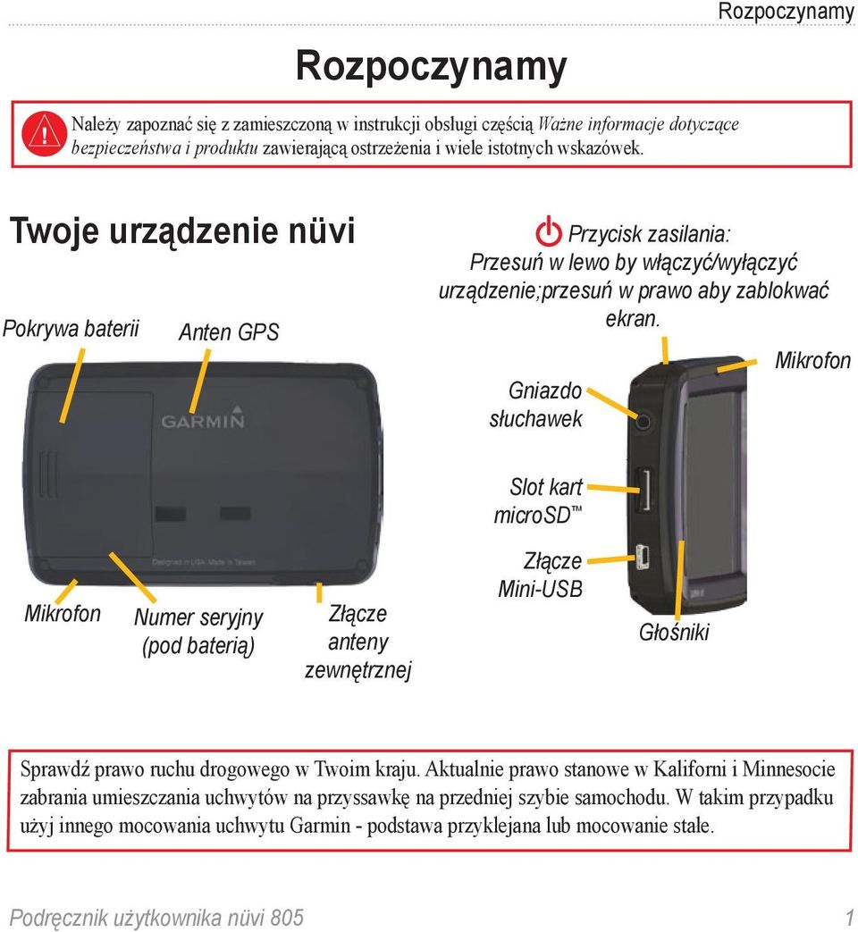 aby zablokwać ekran. Gniazdo słuchawek Slot kart microsd Złącze Mini-USB new Głośniki Mikrofon Sprawdź prawo ruchu drogowego w Twoim kraju.