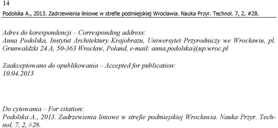 podolska@up.wroc.pl Zaakceptowano do opublikowania Accepted for publication: 10.04.