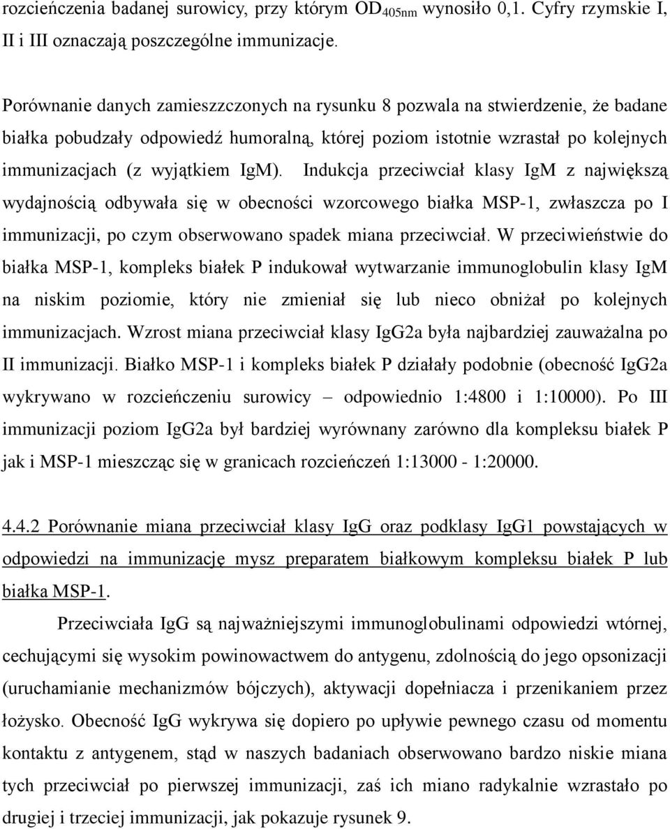 Indukcja przeciwciał klasy IgM z największą wydajnością odbywała się w obecności wzorcowego białka MSP-1, zwłaszcza po I immunizacji, po czym obserwowano spadek miana przeciwciał.