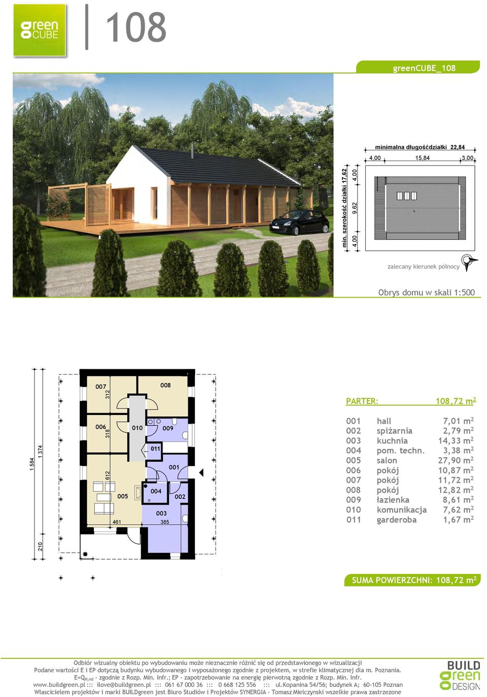 461 385 PARTER: 108,72 m 2 001 hall 7,01 m 2 002 spiżarnia 2,79 m 2 003 kuchnia 14,33 m 2 004 pom. techn.